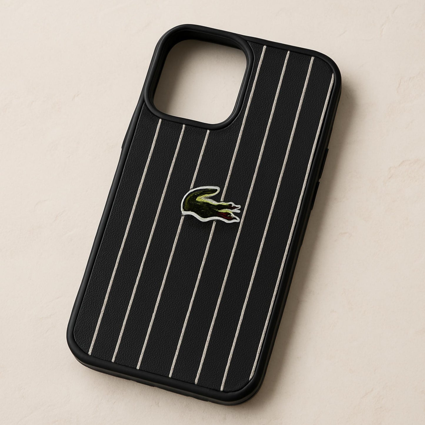 Lacoste-Inspired Leather Case for iPhone 15 Pro Max – Designer Stripe Edition