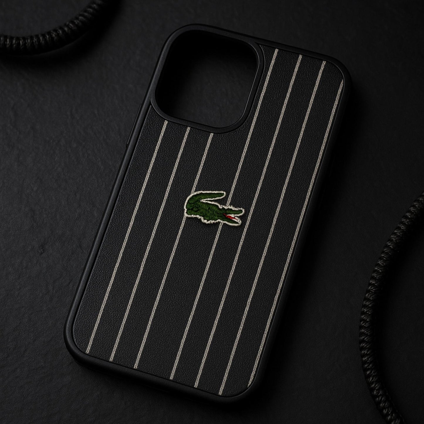 Lacoste-Inspired Leather Case for iPhone 15 Pro Max – Designer Stripe Edition