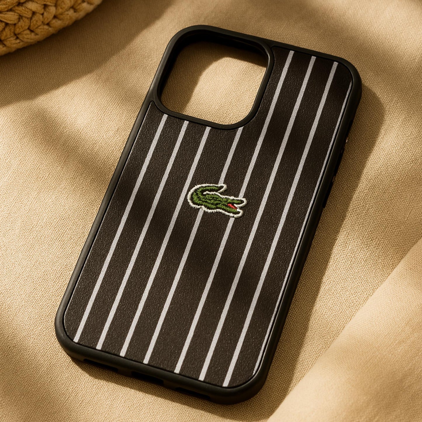 Lacoste-Inspired Leather Case for iPhone 15 Pro Max – Designer Stripe Edition