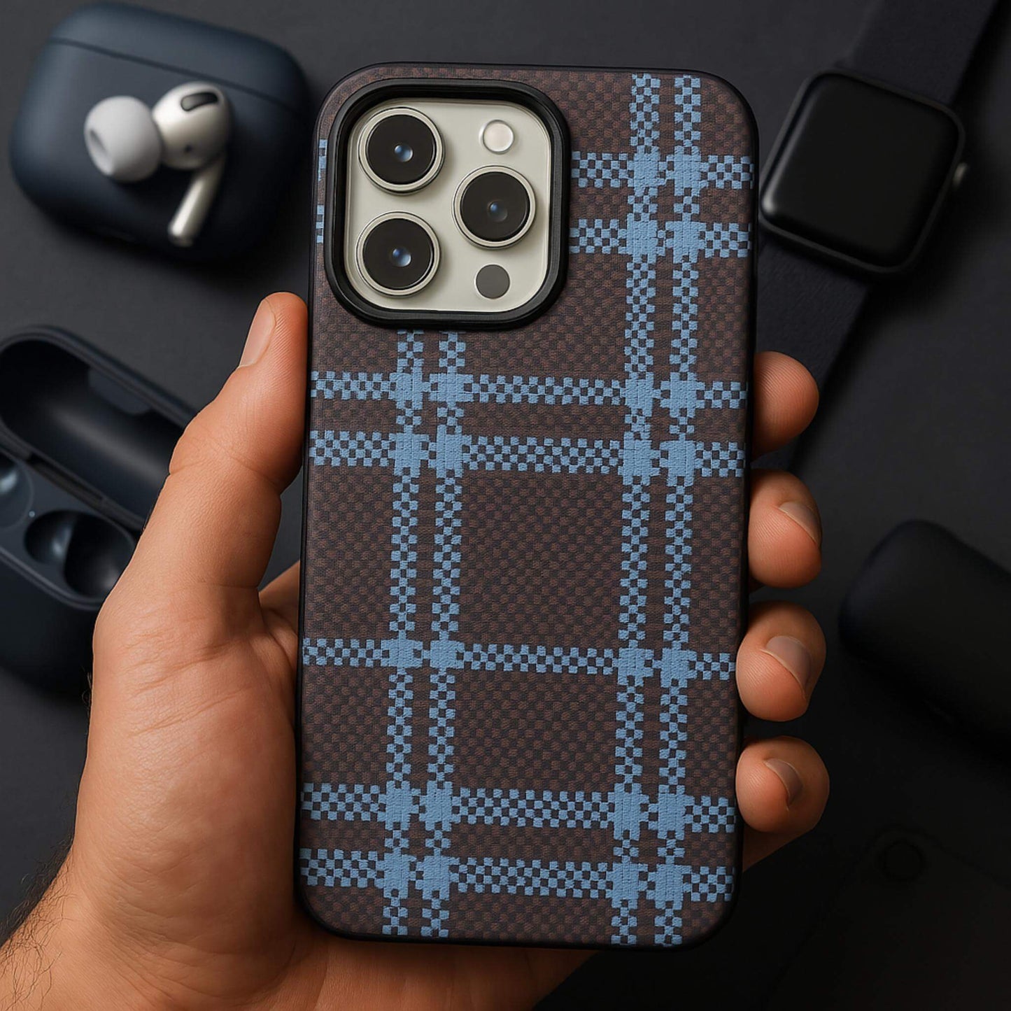 Pitaka-Style Plaid Matte iPhone 16 Pro Case – Slim & Stylish Protective Back Cover