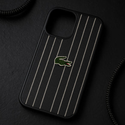 Lacoste-Inspired Leather Case for iPhone 15 Pro Max – Designer Stripe Edition